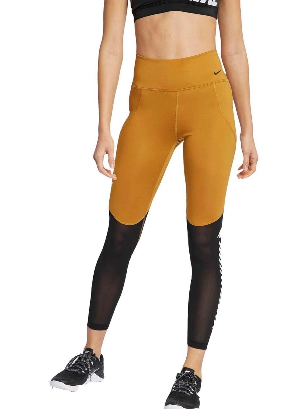 New Nike Women's Mustard and Black High-Rise Mesh Leggings